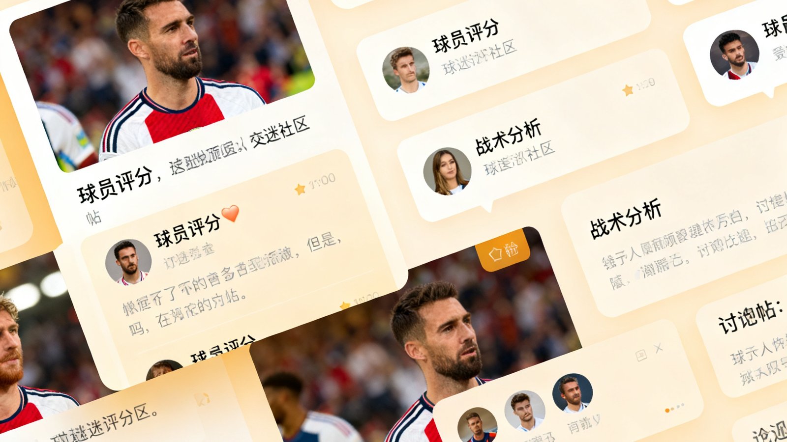 球迷社区帖子列表界面截图，展示多条赛后评分帖和讨论帖，用户头像各异，帖子标题涉及球员评分和战术分析，界面采用卡片式布局温暖配色